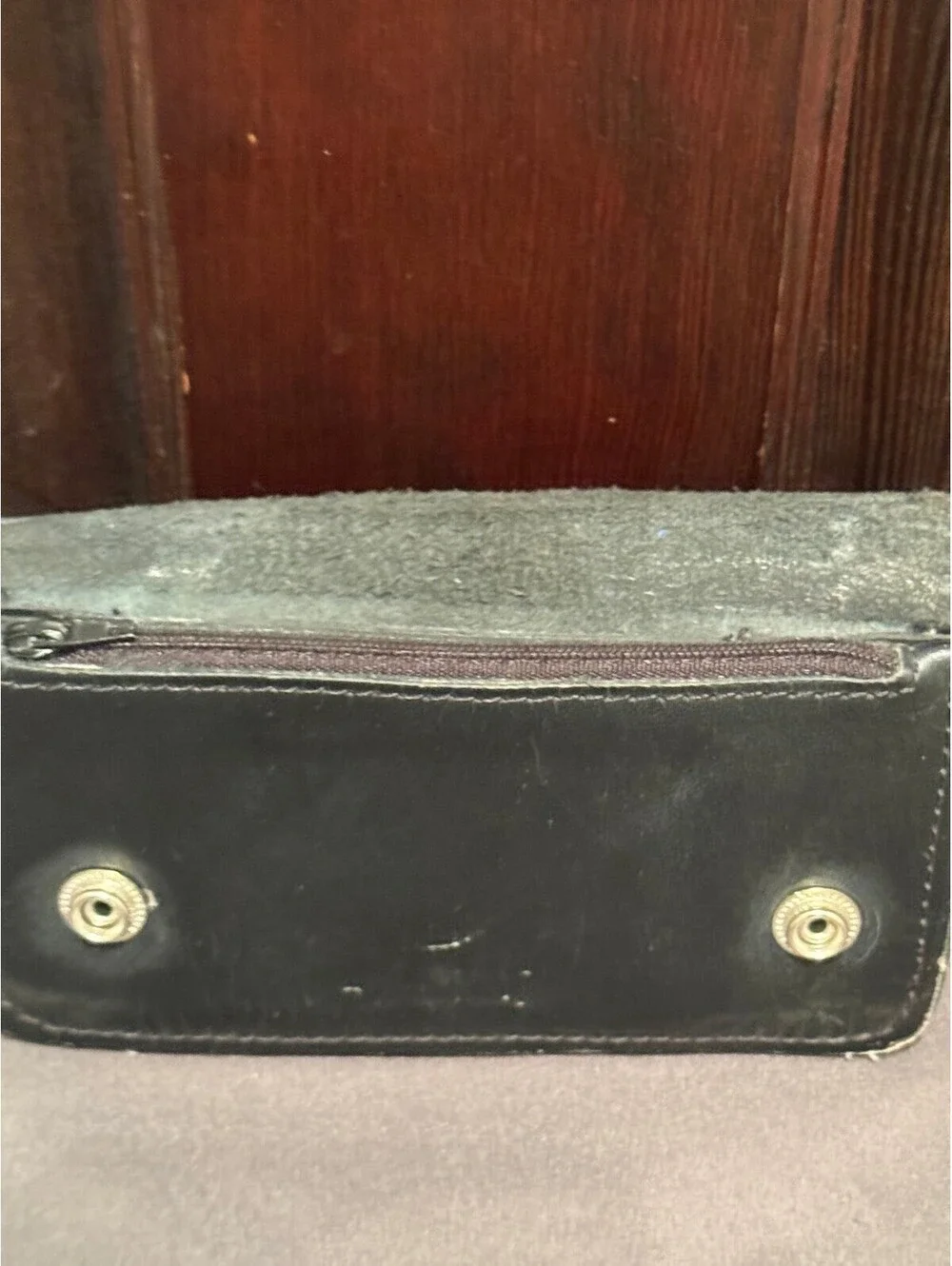 Black Leather Wallet with Snap Buttons and Zippered Compartment